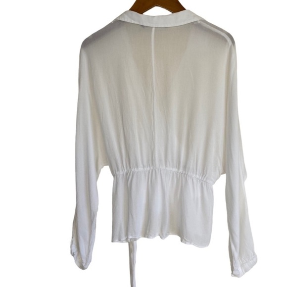 Zara Sheer Faux-Wrap Blouse w Tie Dolman Sleeve Ruffled Collared White Sz S - Picture 7 of 14